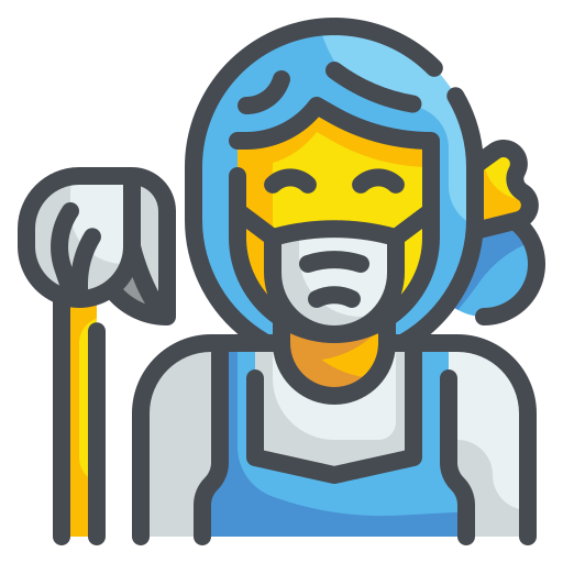 Woman with face mask and a mop